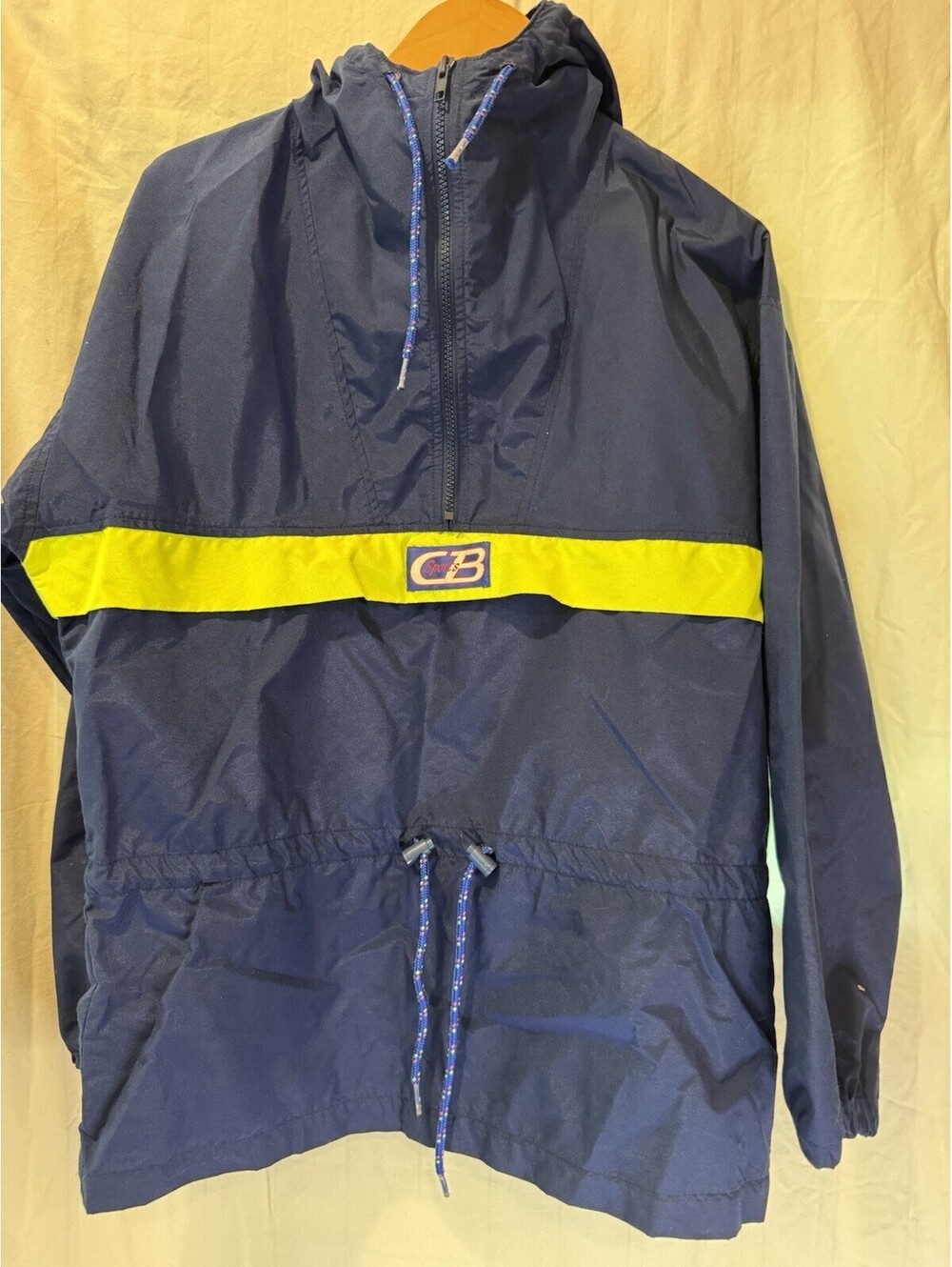 CB Sport Vintage Mens Blue/Yellow Colorblock Hooded Half Zip Nylon Anorak